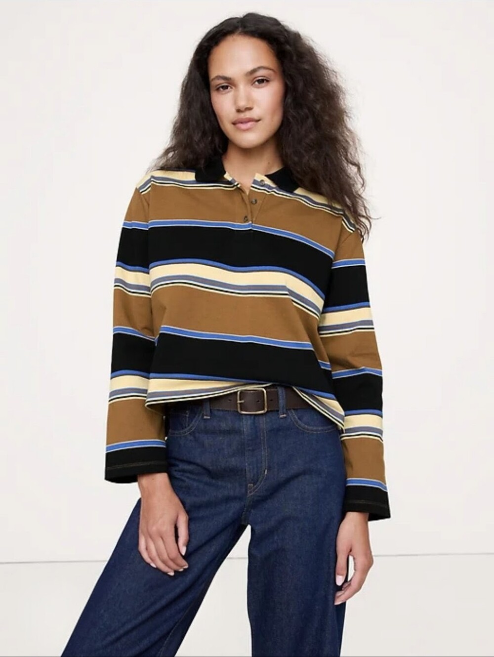 Banana Republic Heavyweight Cotton Polo, Black, Green & Blue Stripes, Cropped, S